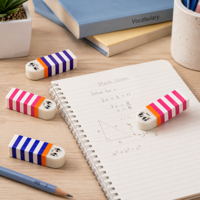 96 Pieces Eraser Packs (18 Pieces Cartoon Striped White Erasers – Soft Clean Erasing – Non-Toxic – PVC Free – For School Home Office)