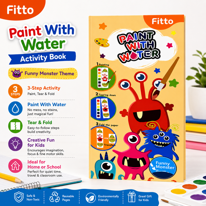 96 Pieces Paint With Water Activity Books (Funny Monster Theme – Mess Free Water Painting – 3 Step Creative Art Activity)
