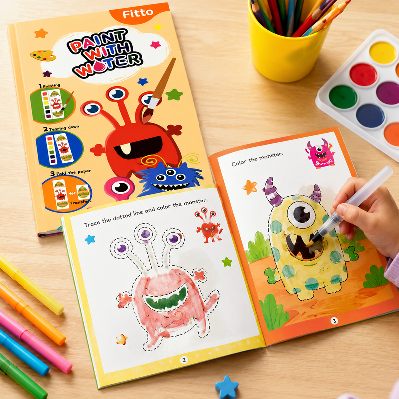 96 Pieces Paint With Water Activity Books (Funny Monster Theme – Mess Free Water Painting – 3 Step Creative Art Activity)