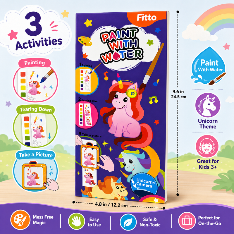96 Pieces Paint With Water Unicorn Theme Activity Books (3 Activities Painting Tearing and Picture Play – Mess Free Art Book)