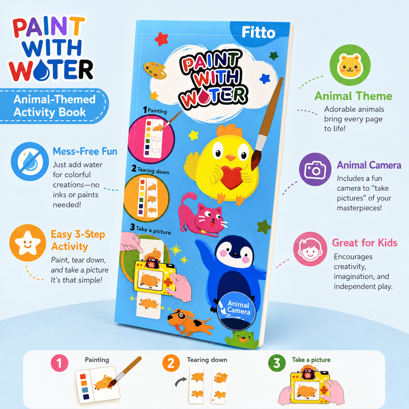 96 Pieces Paint With Water Animal Theme Activity Books (Mess Free Water Painting – Animal Camera Craft and Creative Art Play)