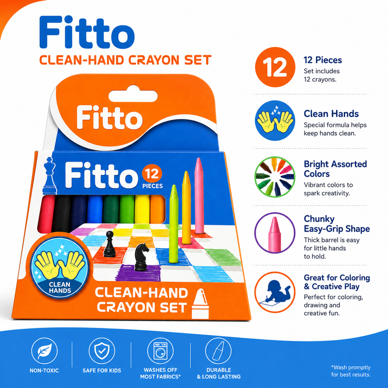 144 Pieces Clean Hand Crayon Set 12 Pieces (Bright Assorted Colors – Easy-Grip Coloring Crayons for School – Home and Art Activities)
