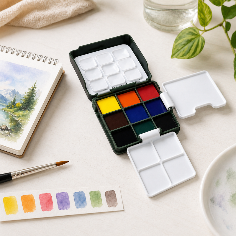 96 Pieces Pocket Watercolor Sets (9 Color Portable Watercolor Paint Kit with Fold Out Mixing Palette for Art – Travel and Painting)