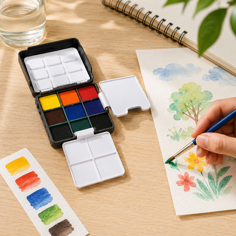 96 Pieces Pocket Watercolor Sets (9 Color Portable Watercolor Paint Kit with Fold Out Mixing Palette for Art – Travel and Painting)