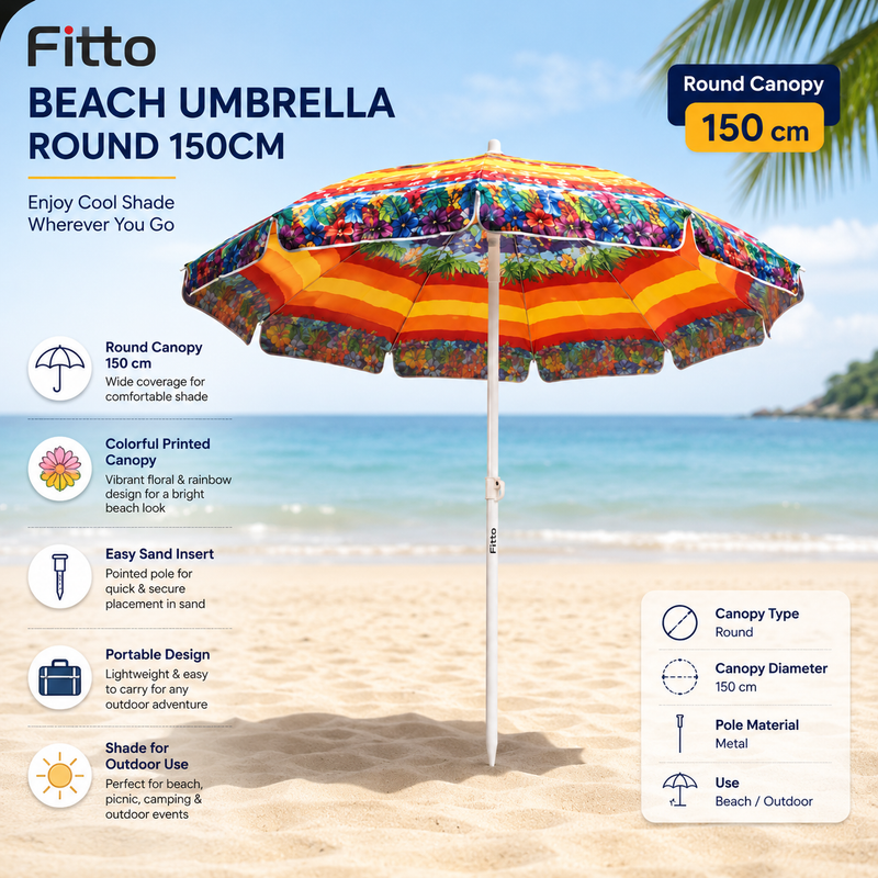 72 Pieces Beach Umbrellas (150cm – Colorful Printed Canopy with Metal Pole – Easy Sand Insert Outdoor Shade Umbrella)