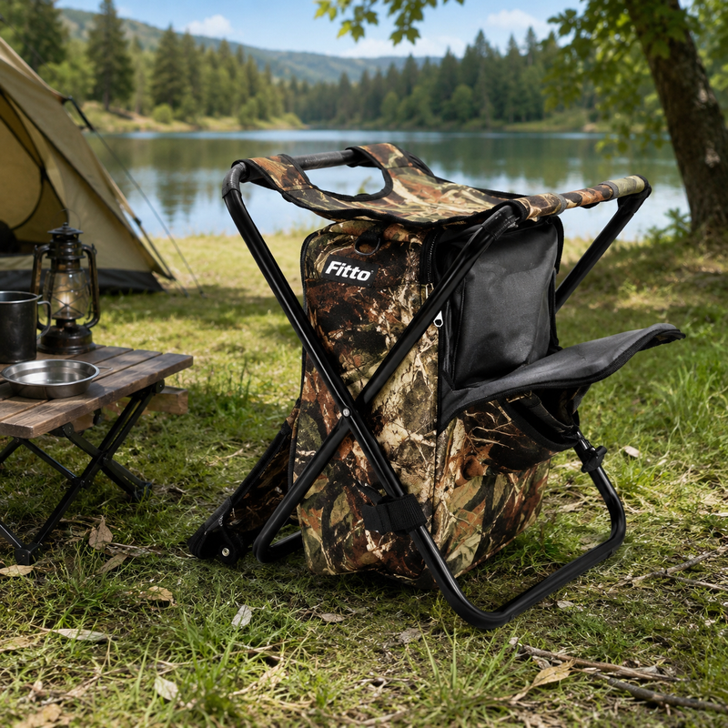 48 Pieces Folding Camping Chair Stools with Backpack (Camouflage Foldable Outdoor Seat – 35 x 30 x 42 cm – Metal Frame)