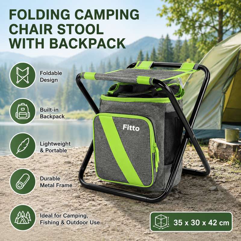 48 Pieces Folding Camping Chair Stools with Backpack (Light Green Portable Outdoor Seat – Foldable Metal Frame – 35 x 30 x 42 cm)