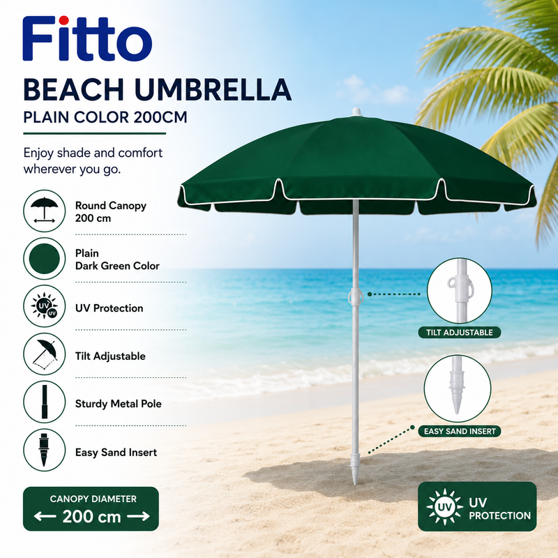 72 Pieces Beach Umbrellas (200cm – Dark Green Round Canopy – Tilt Adjustable Metal Pole Outdoor Shade Umbrella)
