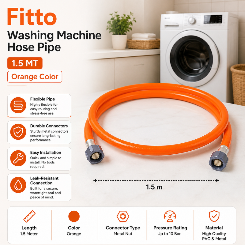 96 Pieces Washing Machine Hose Pipes (1.5m Orange Flexible PVC Hose with Metal Nut Connectors)
