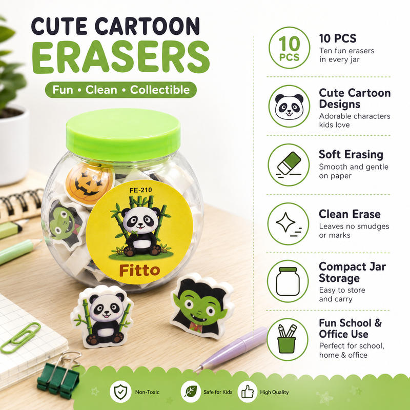 144 Pieces Cute Cartoon Erasers (10 Pieces Soft Pencil Eraser Set with Cute Animal Designs – Non-Toxic Clean Erasing Rubber Erasers in Storage Jar for Kids – School – Office – Classroom – Party Favors & Gifts)