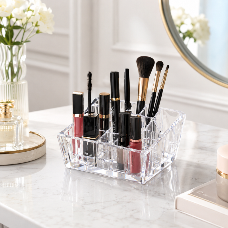 120 Pieces Acrylic Cosmetic Organizers (Transparent Makeup Brush Holder with Multi Compartments for Vanity – Bathroom and Dressing Table)
