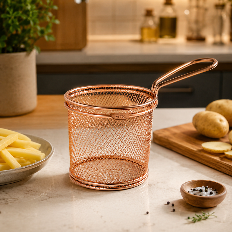 96 Pieces Strainers for Fries (Fine Mesh Fry Basket with Long Handle and Bronze Finish for Snacks – Chips and Fried Food Draining)