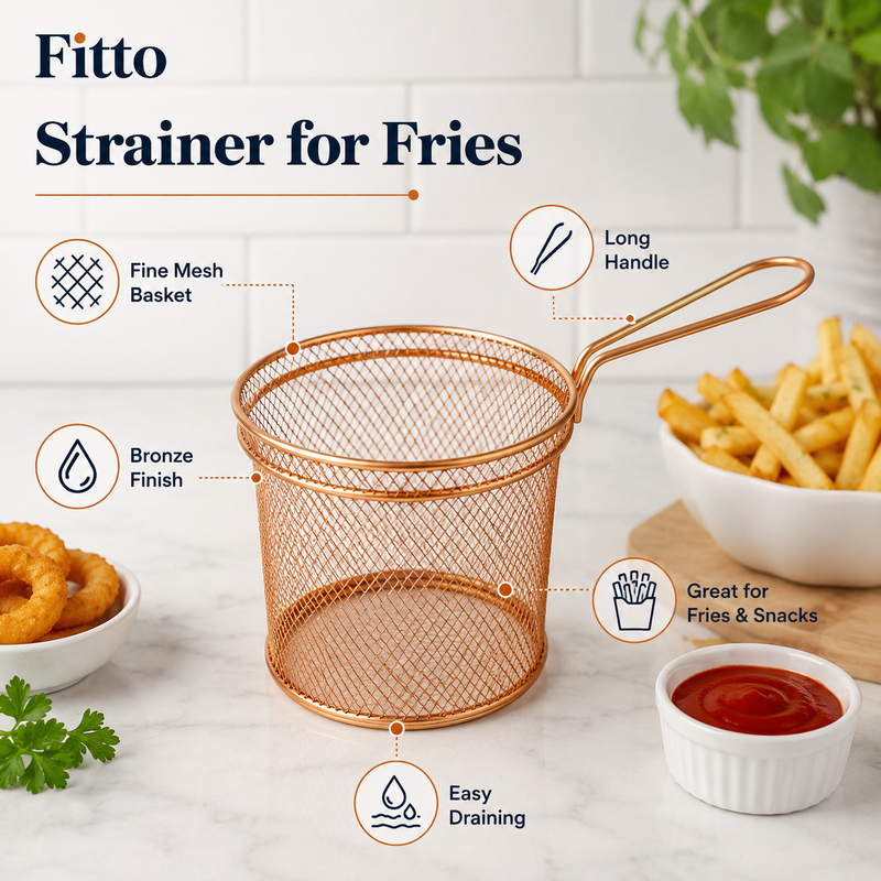 96 Pieces Strainers for Fries (Fine Mesh Fry Basket with Long Handle and Bronze Finish for Snacks – Chips and Fried Food Draining)