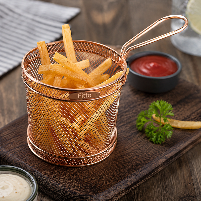 96 Pieces Strainers for Fries (Fine Mesh Fry Basket with Long Handle and Bronze Finish for Snacks – Chips and Fried Food Draining)