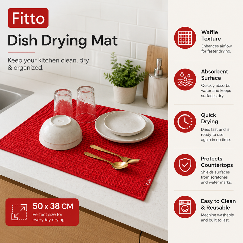 120 Pieces Dish Drying Mats (50 x 38 cm – Absorbent Kitchen Counter Mat with Waffle Texture – Quick-Dry Reusable Drainer Pad – Red)