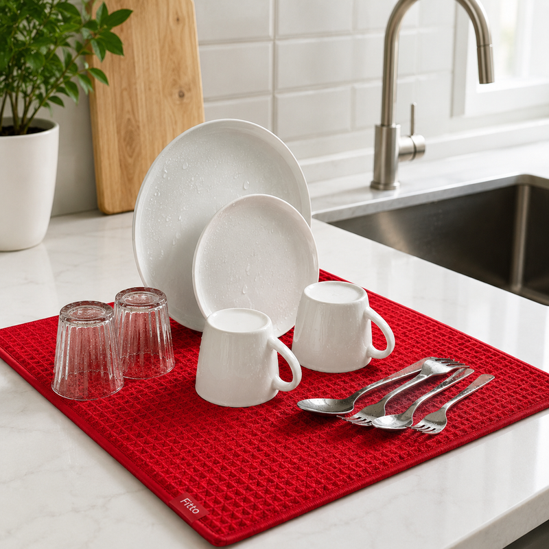 120 Pieces Dish Drying Mats (50 x 38 cm – Absorbent Kitchen Counter Mat with Waffle Texture – Quick-Dry Reusable Drainer Pad – Red)