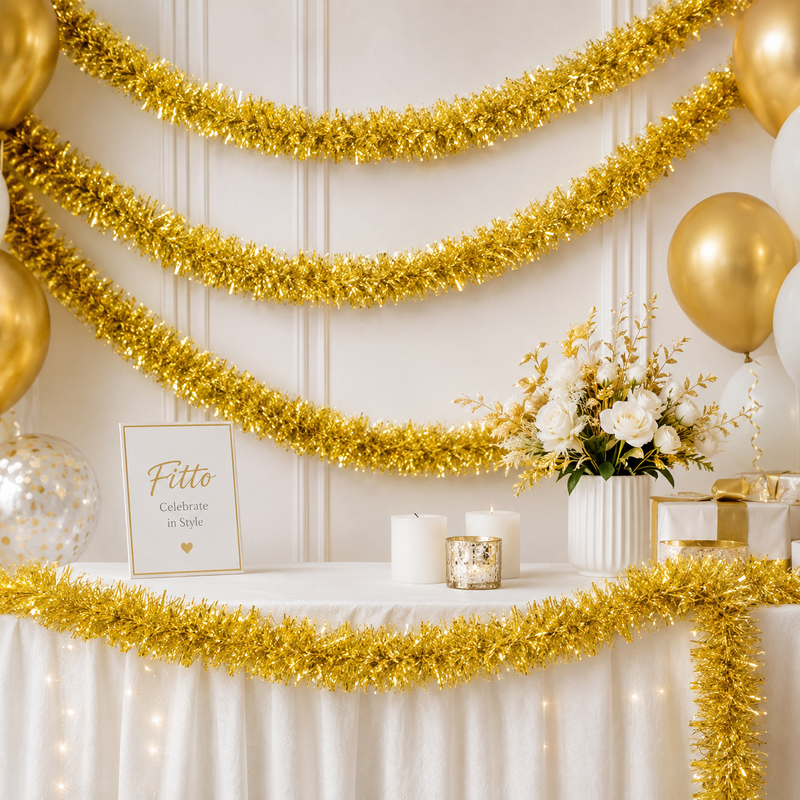 120 Pieces Golden Tinsel Garlands (12 m – 5 cm Wide 2 Ply Party Decoration for Christmas – Events and Home Décor)