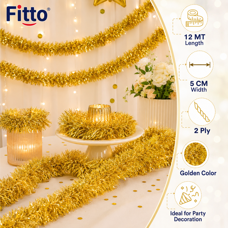 120 Pieces Golden Tinsel Garlands (12 m – 5 cm Wide 2 Ply Party Decoration for Christmas – Events and Home Décor)
