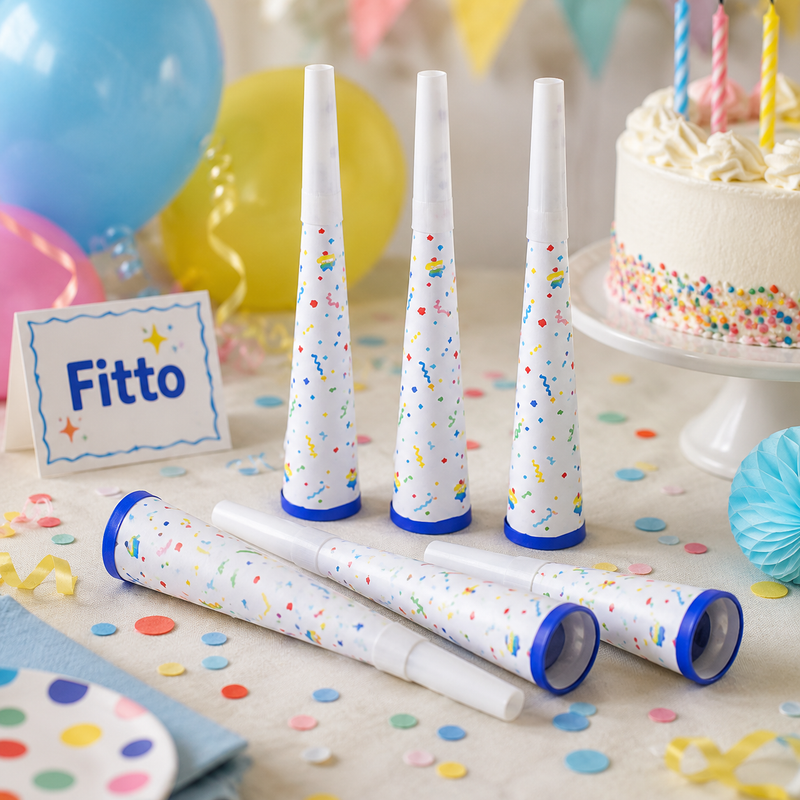 144 Pieces Paper Party Horn Packs (6 Pieces per Pack – 7.5 Inch White Confetti Birthday Noisemakers for Party Decorations)