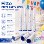144 Pieces Paper Party Horn Packs (6 Pieces per Pack – 7.5 Inch White Confetti Birthday Noisemakers for Party Decorations)