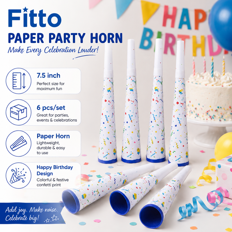 144 Pieces Paper Party Horn Packs (6 Pieces per Pack – 7.5 Inch White Confetti Birthday Noisemakers for Party Decorations)