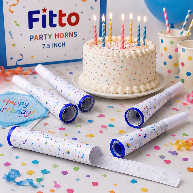 144 Pieces Paper Party Horn Packs (6 Pieces per Pack – 7.5 Inch White Confetti Birthday Noisemakers for Party Decorations)