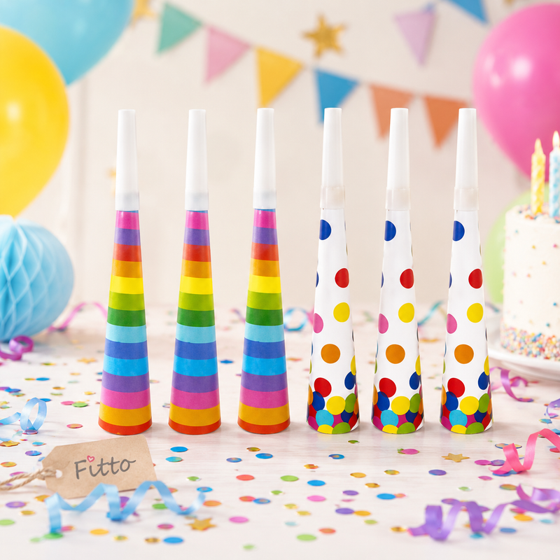 240 Pieces Paper Party Horn Packs (6 Pieces per Pack – 7.5 Inch Rainbow and Dots Birthday Noisemakers for Party Supplies)