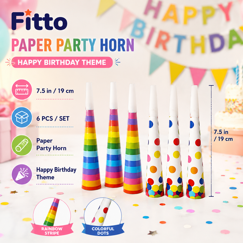 240 Pieces Paper Party Horn Packs (6 Pieces per Pack – 7.5 Inch Rainbow and Dots Birthday Noisemakers for Party Supplies)