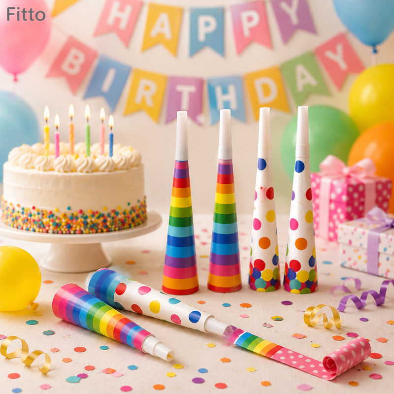 240 Pieces Paper Party Horn Packs (6 Pieces per Pack – 7.5 Inch Rainbow and Dots Birthday Noisemakers for Party Supplies)