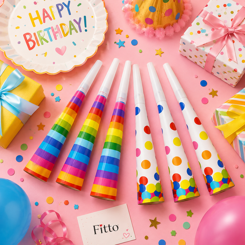 240 Pieces Paper Party Horn Packs (6 Pieces per Pack – 7.5 Inch Rainbow and Dots Birthday Noisemakers for Party Supplies)