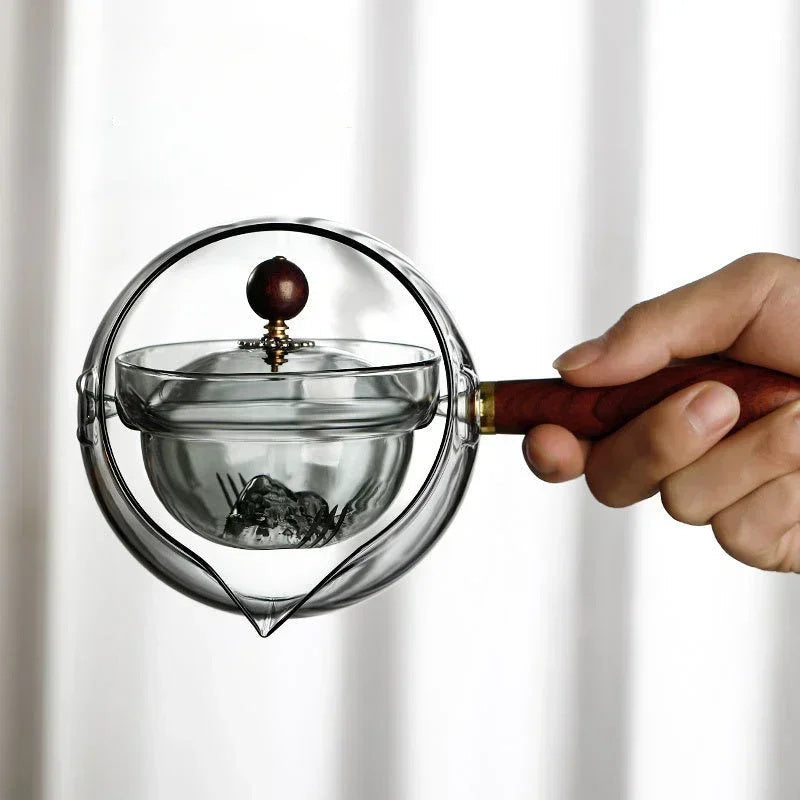 Eco-Friendly Glass Teapot Set with Wooden Handle and Cups
