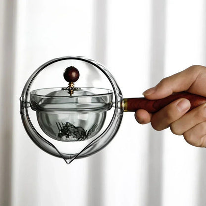 Eco-Friendly Glass Teapot Set with Wooden Handle and Cups