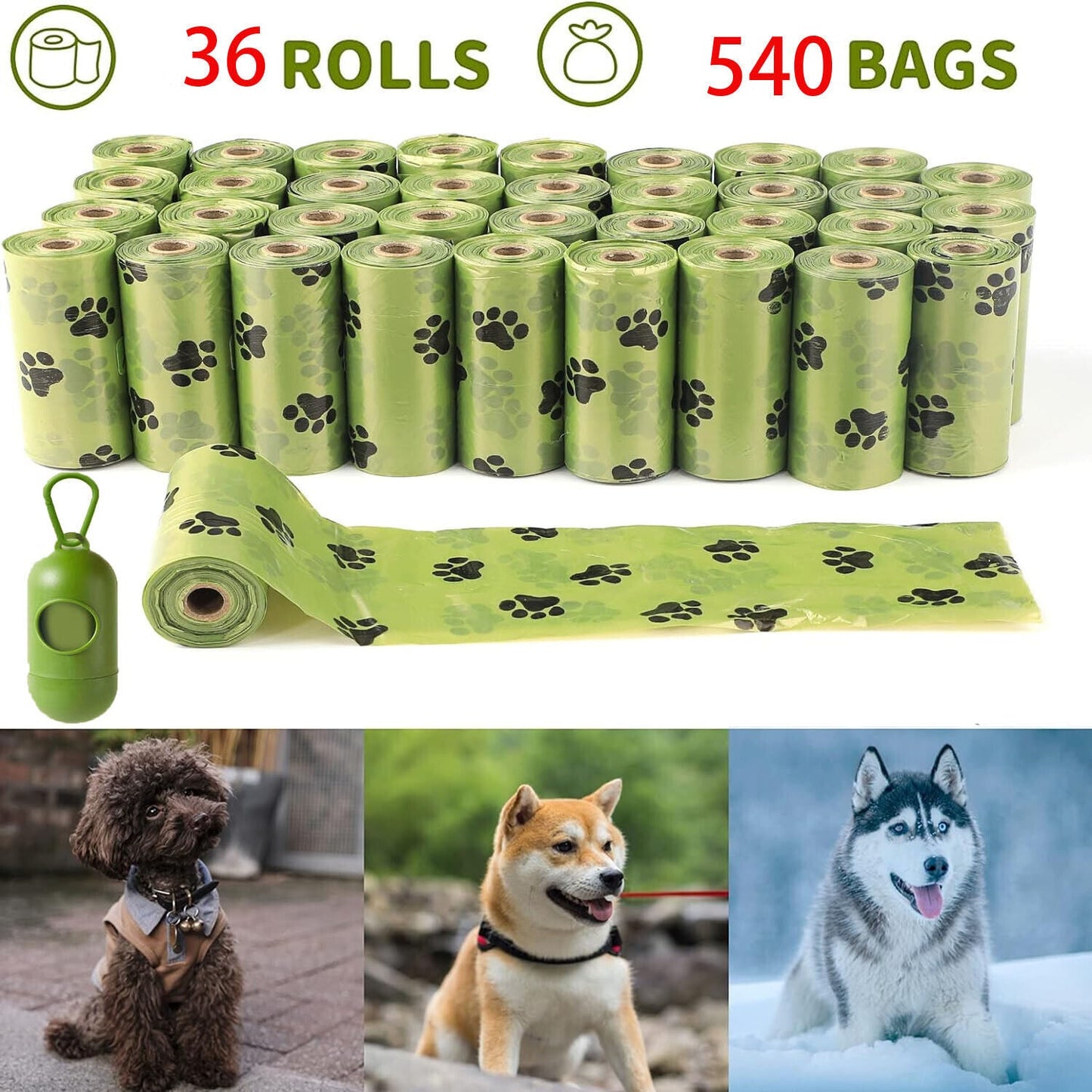 Eco-Friendly Biodegradable Dog Waste Bags - Green Paw Print Design