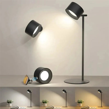 Black cylindrical LED desk and wall lamp with slim stand