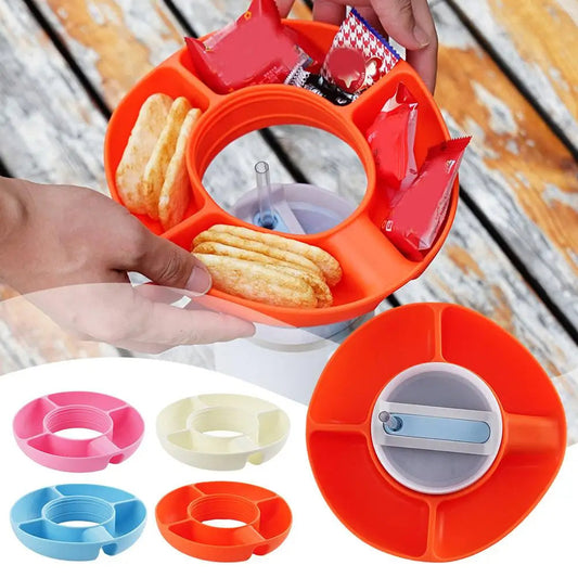Circular snack and drink holder with multiple compartments in orange, pink, and beige