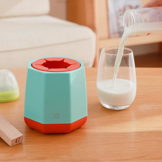 Light blue electric milk frother with red accents and hexagonal base