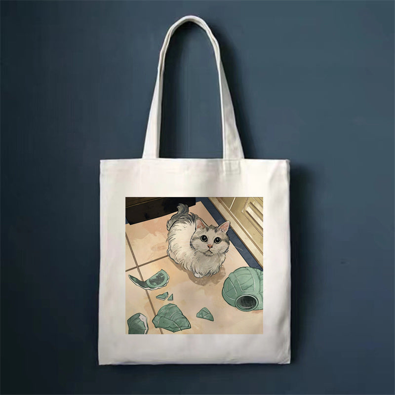 Eco-Friendly White Cat Tote Bag - Sustainable Cotton Reusable Shopping Bag