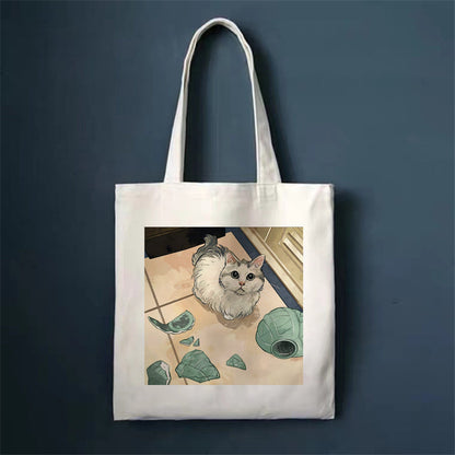 Eco-Friendly White Cat Tote Bag - Sustainable Cotton Reusable Shopping Bag