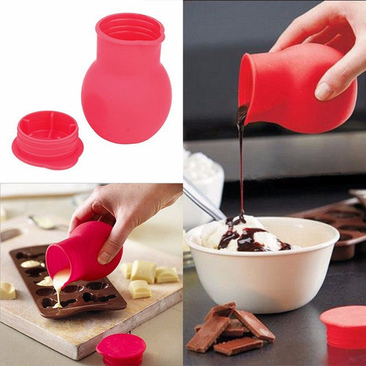 Red silicone measuring cup with a bulbous shape and wide opening