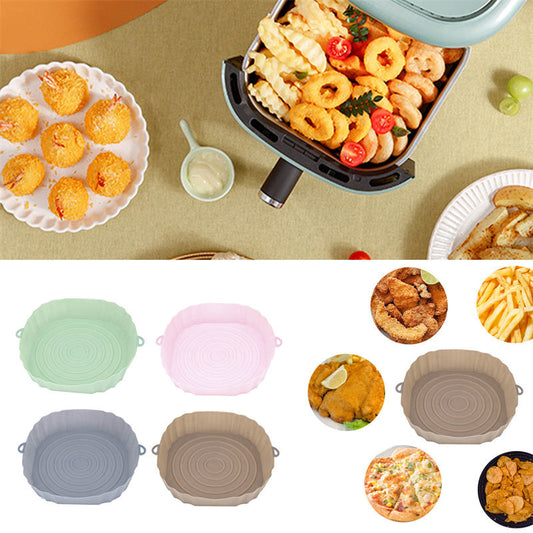 Reusable Silicone Air Fryer Liners in Green, Pink, Gray, and Brown
