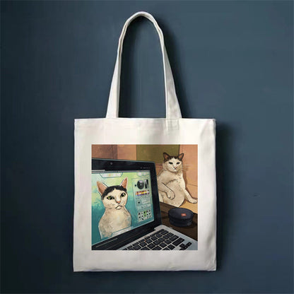 Eco-Friendly White Cat Tote Bag - Sustainable Cotton Reusable Shopping Bag