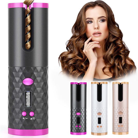 Black and pink portable automatic hair curler with textured grip