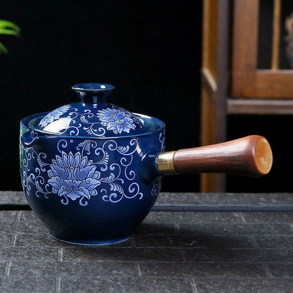 Elegant Ceramic Teapot and Teacup Set - Eco-Friendly, Durable, White with Blue Patterns