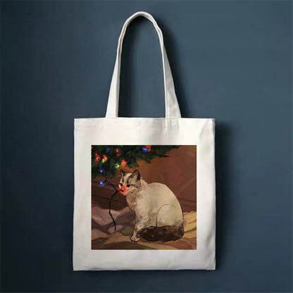 Eco-Friendly White Cat Tote Bag - Sustainable Cotton Reusable Shopping Bag