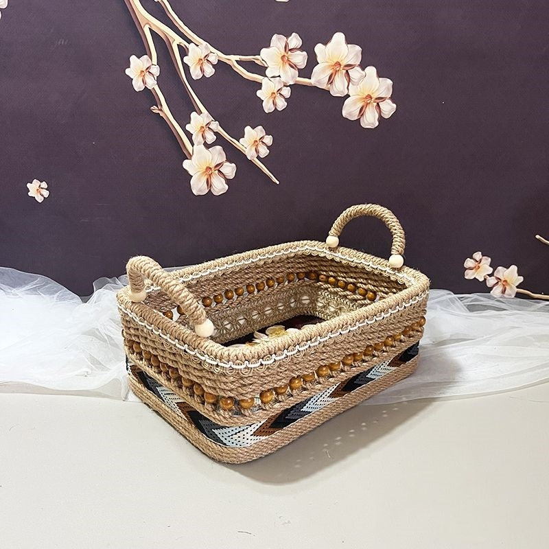 Natural fiber storage basket with decorative patterns for eco-friendly home organization