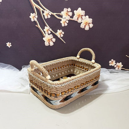 Natural fiber storage basket with decorative patterns for eco-friendly home organization