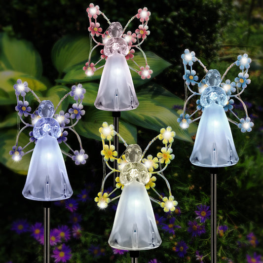 Solar Angel Garden Lights in pink, blue, yellow, and white