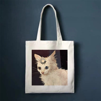 Eco-Friendly White Cat Tote Bag - Sustainable Cotton Reusable Shopping Bag