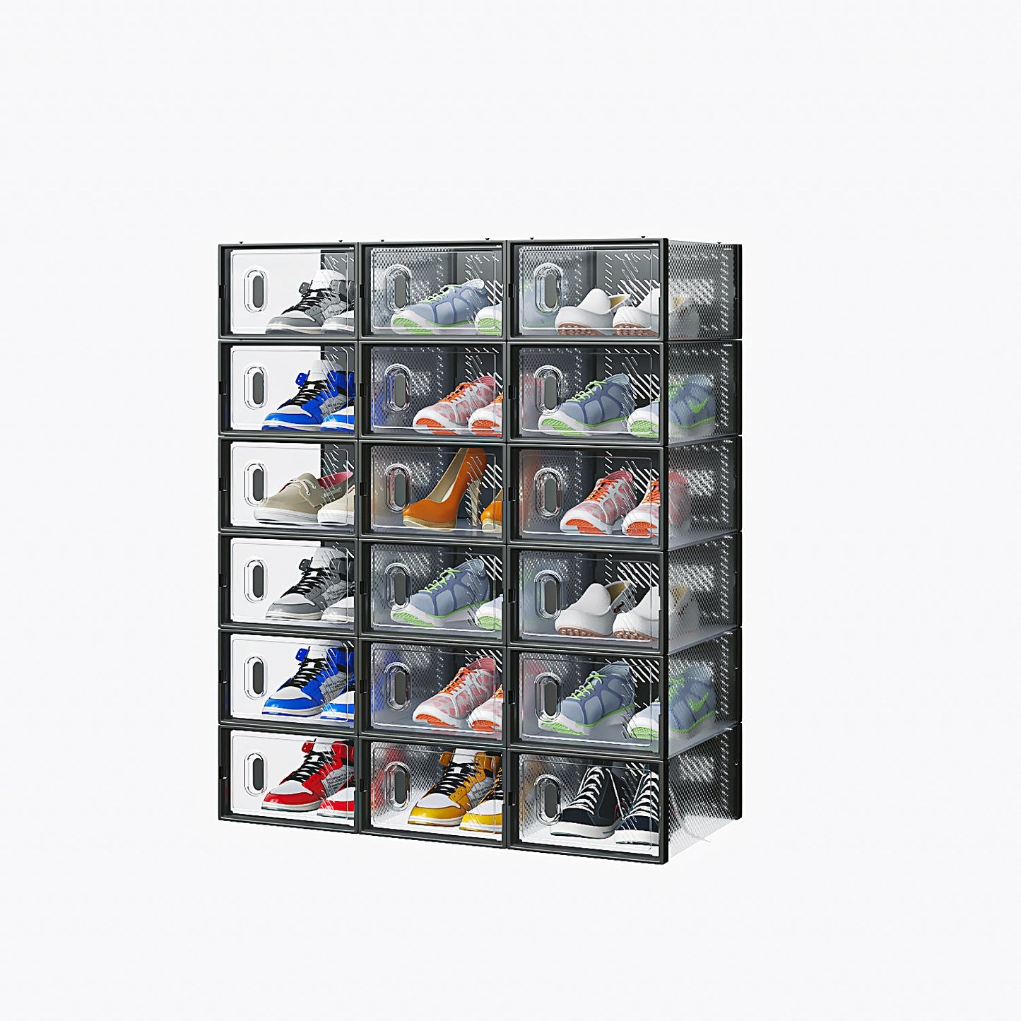 Stackable Black Shoe Storage Boxes with Transparent Fronts