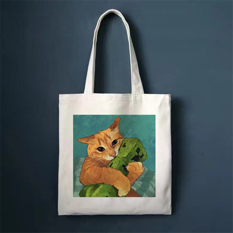 Eco-Friendly White Cat Tote Bag - Sustainable Cotton Reusable Shopping Bag
